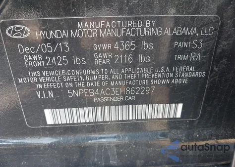 2014 Hyundai Sonata Gls из США, поврежденный, VIN 5NPEB4AC3EH862297